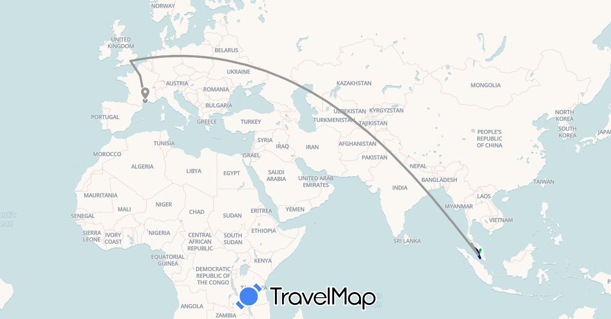 TravelMap itinerary: driving, bus, plane in France, United Kingdom, Malaysia (Asia, Europe)
